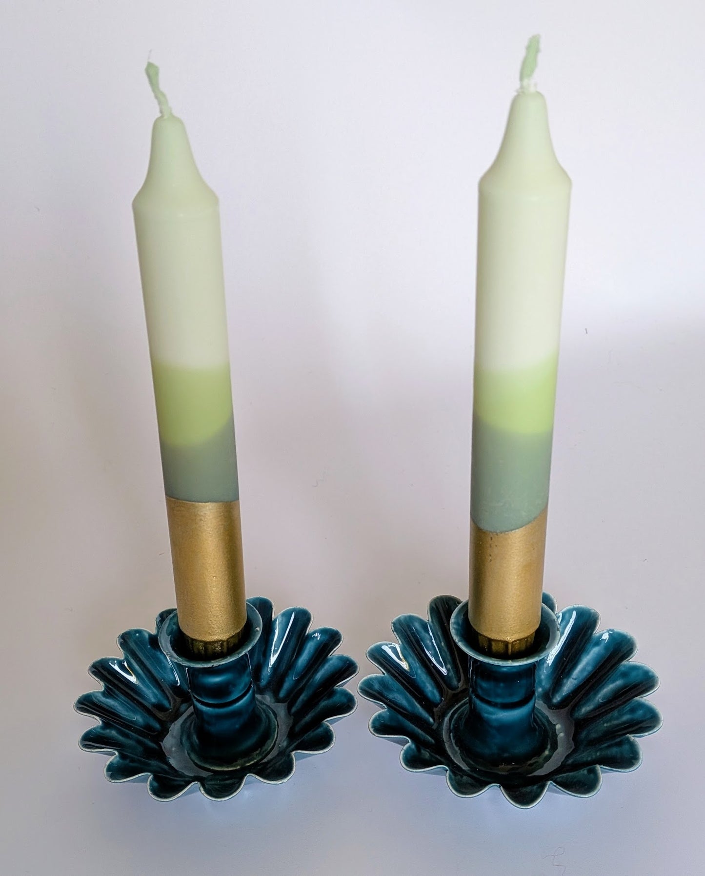 Hand Dipped 'forest Gold' Green & Gold Dinner Candles (two candles)