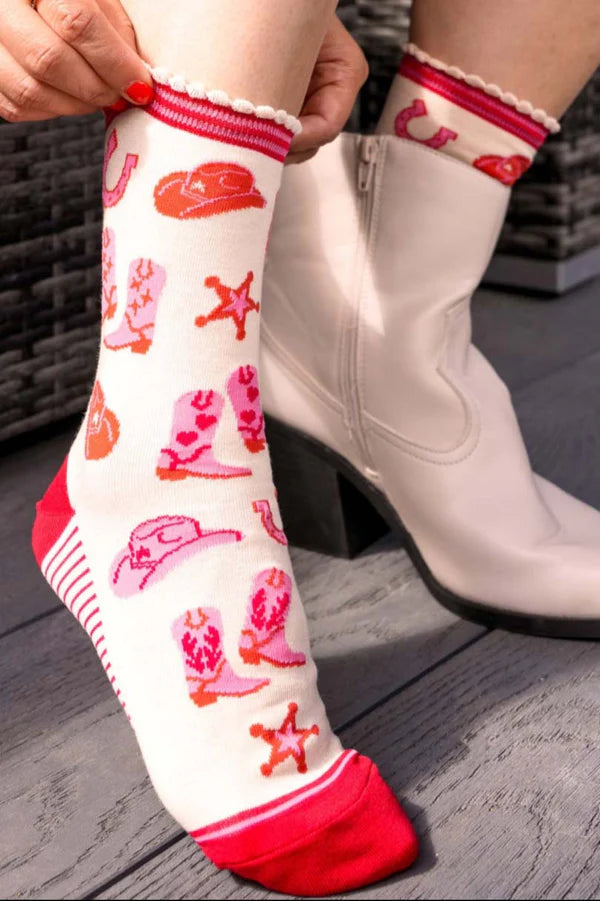 Wild West Cowboy Boots Bamboo Socks in Cream