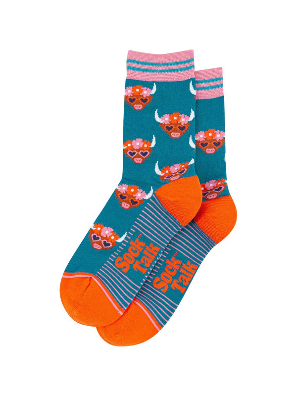 Floral Crown Highland Cow Bamboo Socks in Teal