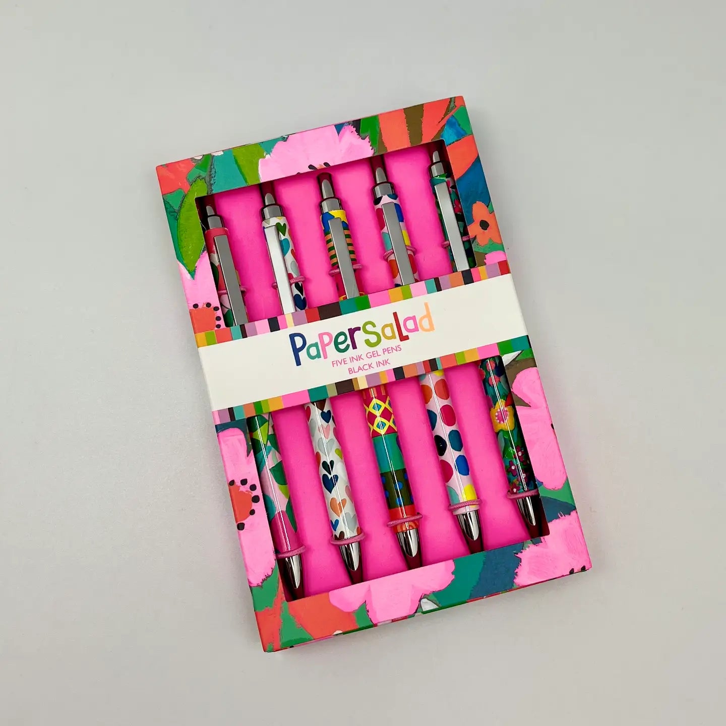 5 Gel Pens Box Paper Salad Colourful Flowers