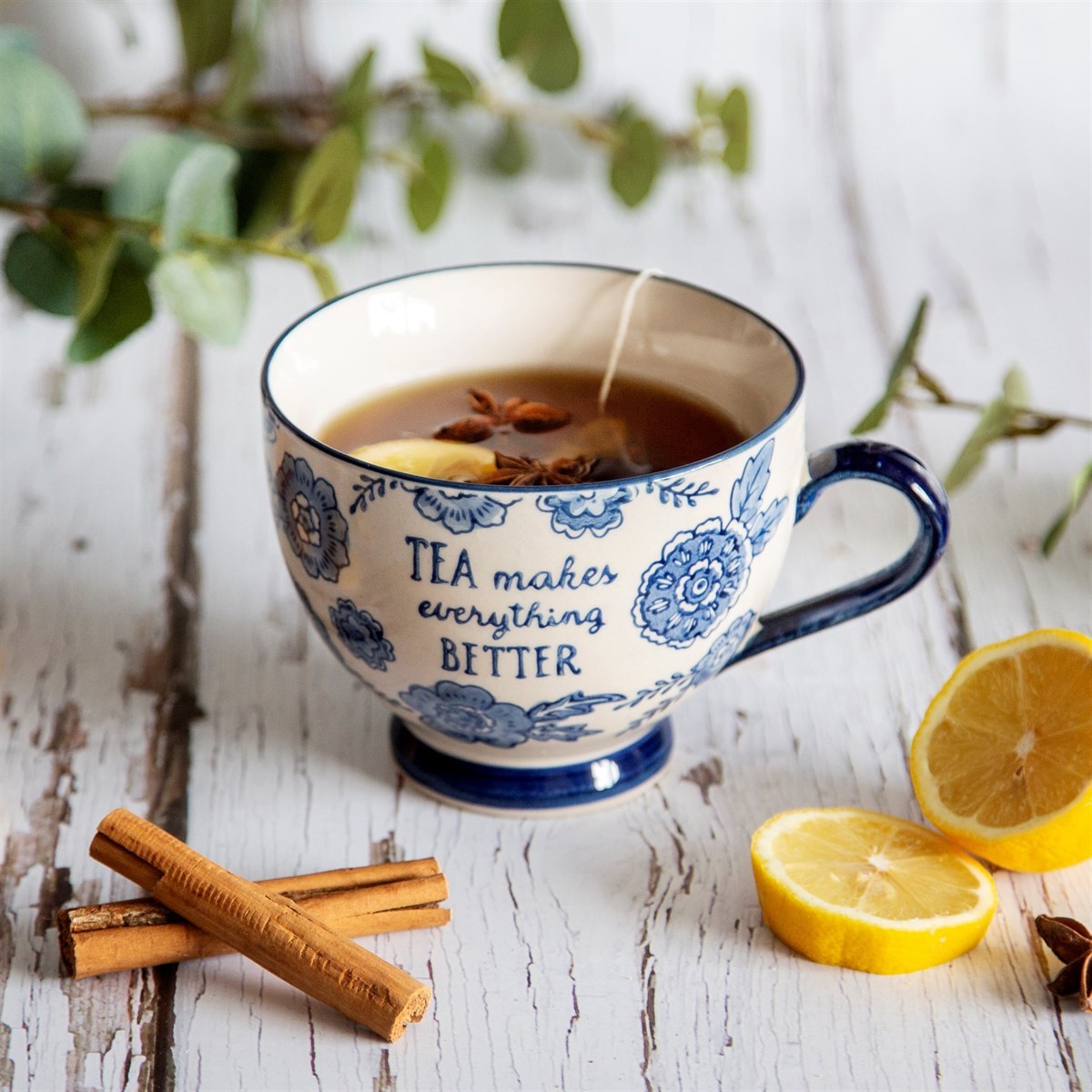 Blue Willow Floral Mug - Tea Makes Everything Better