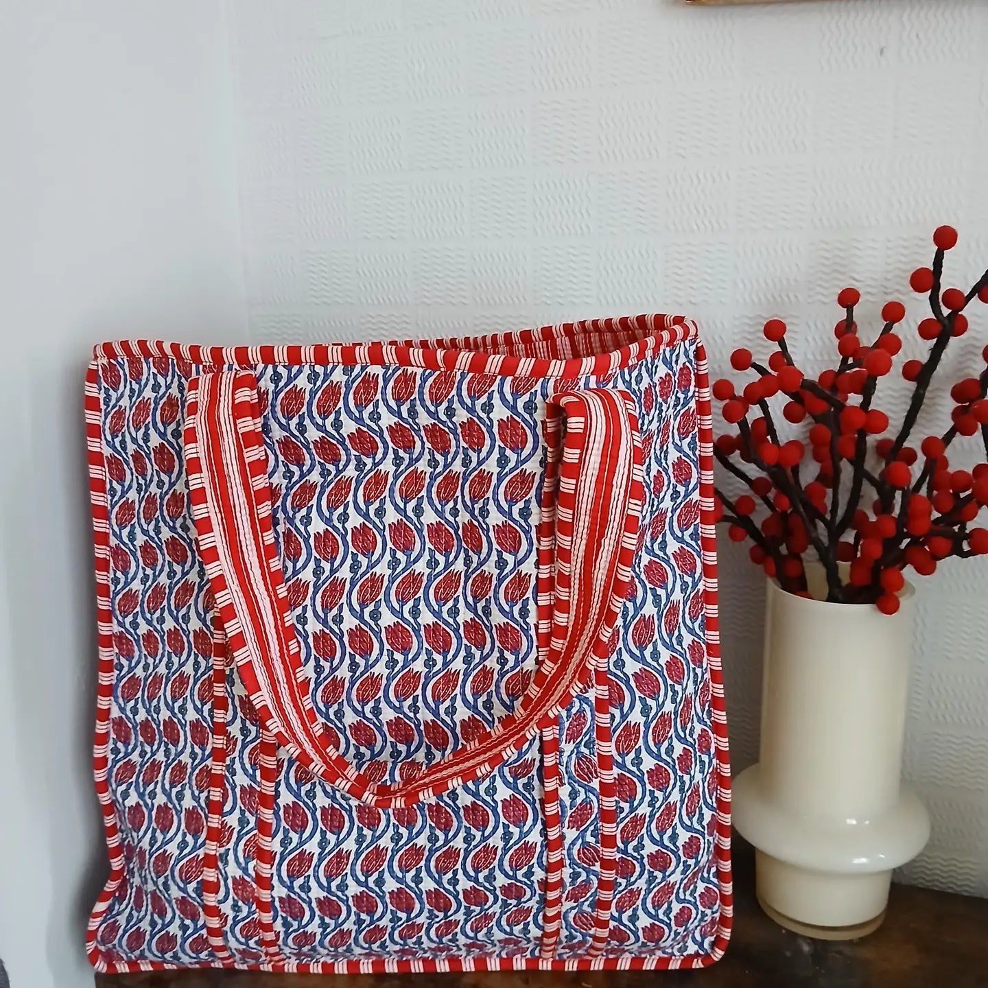 Lotus Flower Print Cotton Kantha Quilted Boho Tote Bag (Reversible)