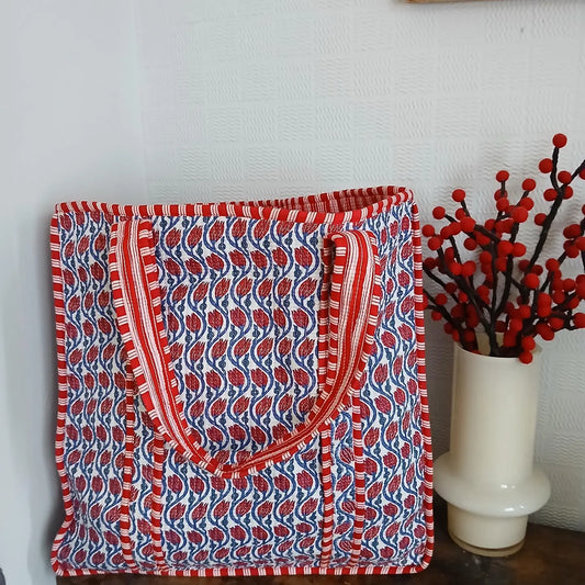 Lotus Flower Print Cotton Kantha Quilted Boho Tote Bag (Reversible)