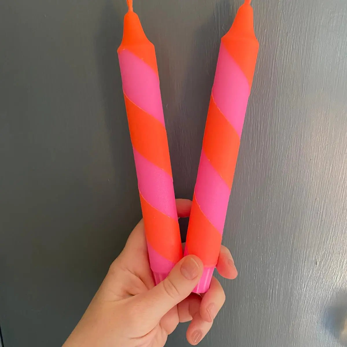 Neon Orange & Pink Spiral Twist Hand Dipped Dinner Candle (two candles)