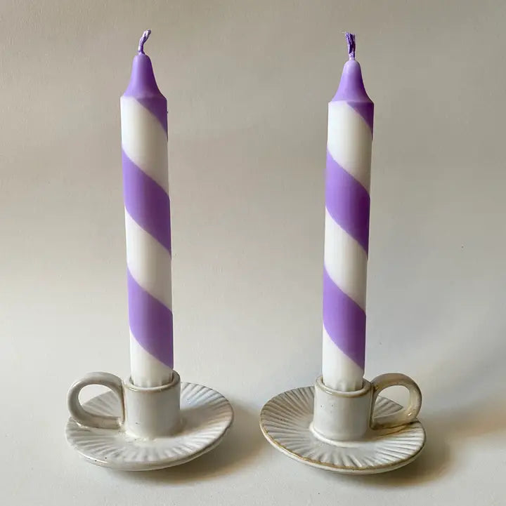 Lilac White Candy Spiral Twist Hand Dipped Candles (two candles)