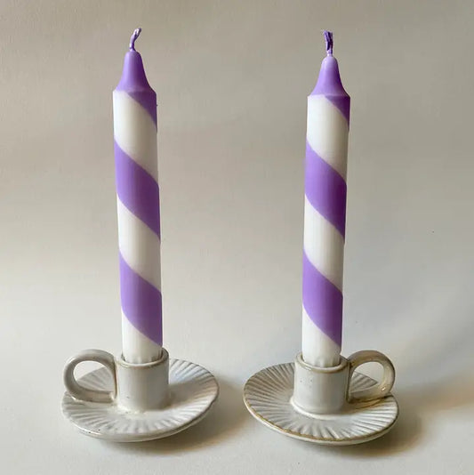 Lilac White Candy Spiral Twist Hand Dipped Candles (two candles)