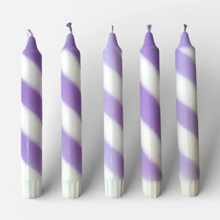 Lilac White Candy Spiral Twist Hand Dipped Candles (two candles)