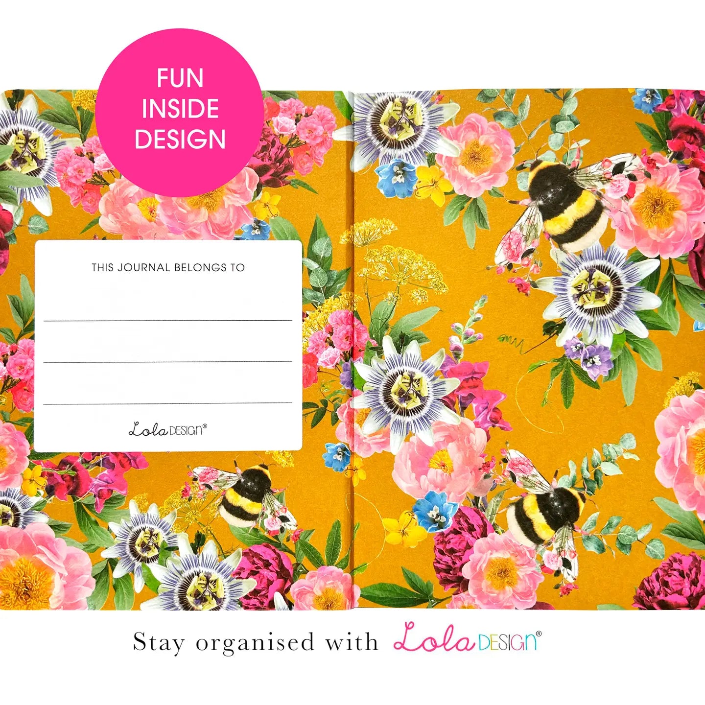 Mustard Bee Pattern Hardback Journal with Elastic Closure