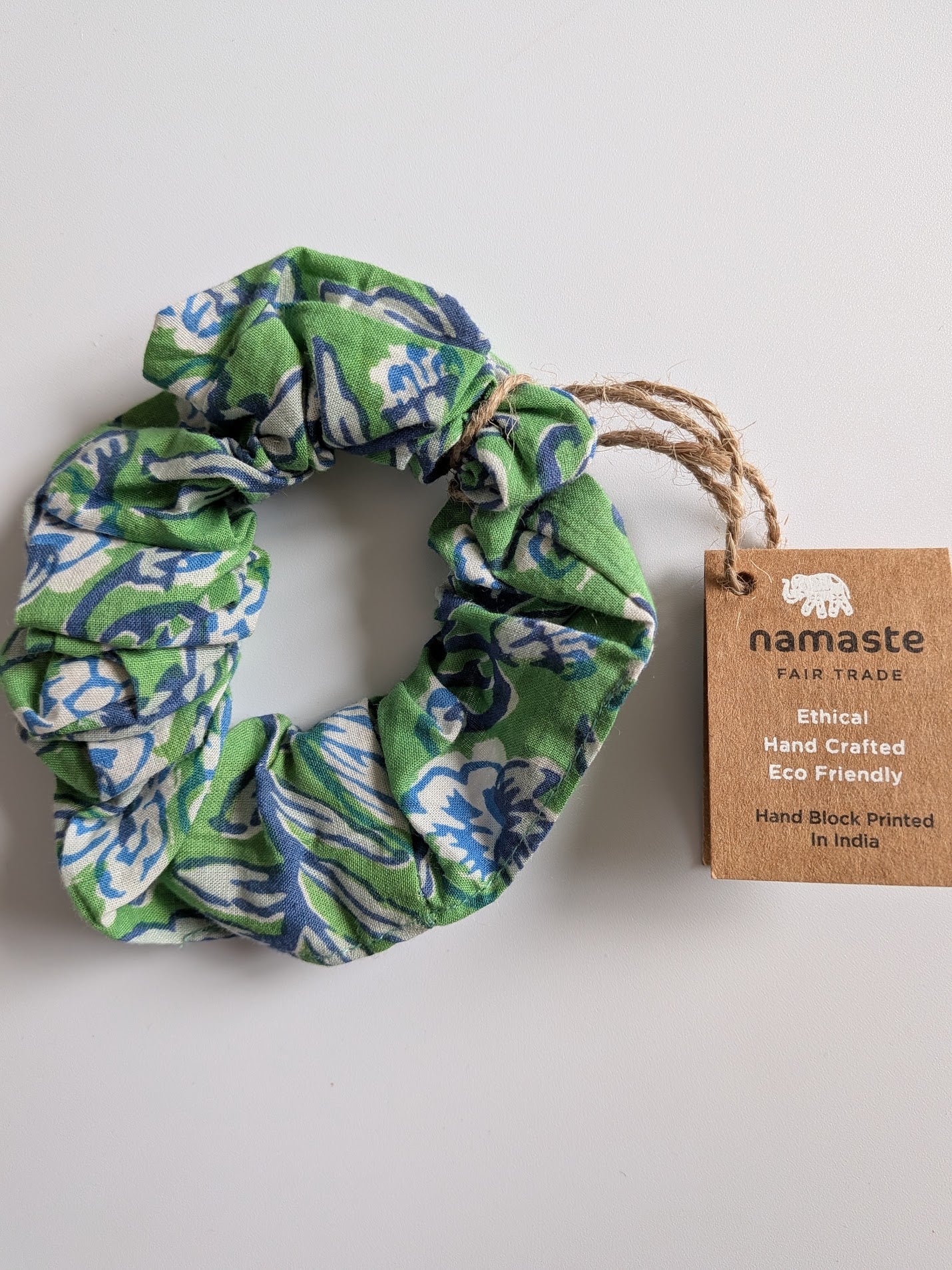 Block Print Green and Blue Scrunchie
