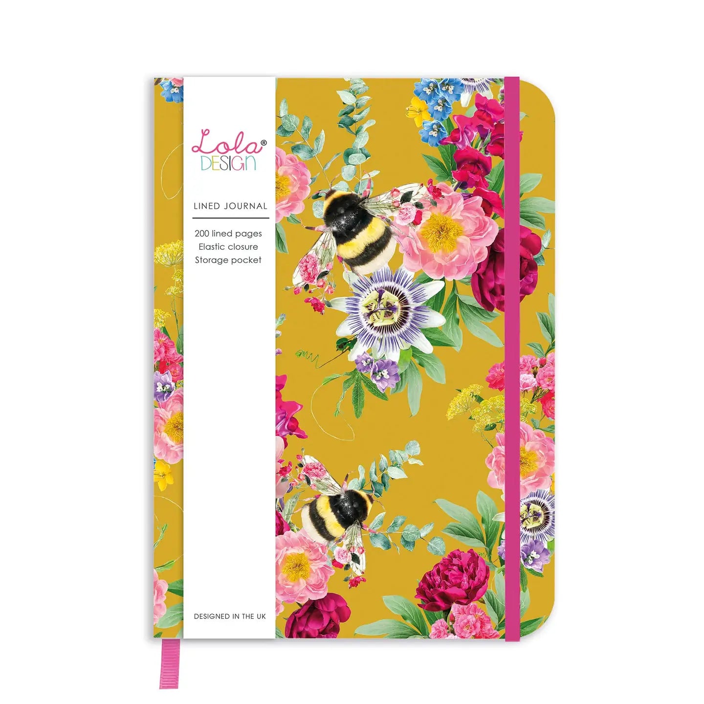 Mustard Bee Pattern Hardback Journal with Elastic Closure