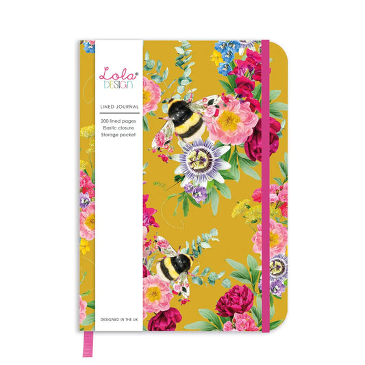 Mustard Bee Pattern Hardback Journal with Elastic Closure