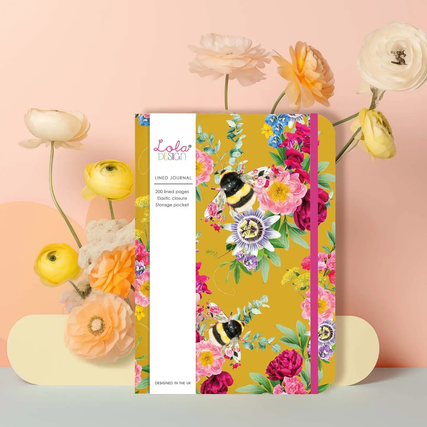 Mustard Bee Pattern Hardback Journal with Elastic Closure