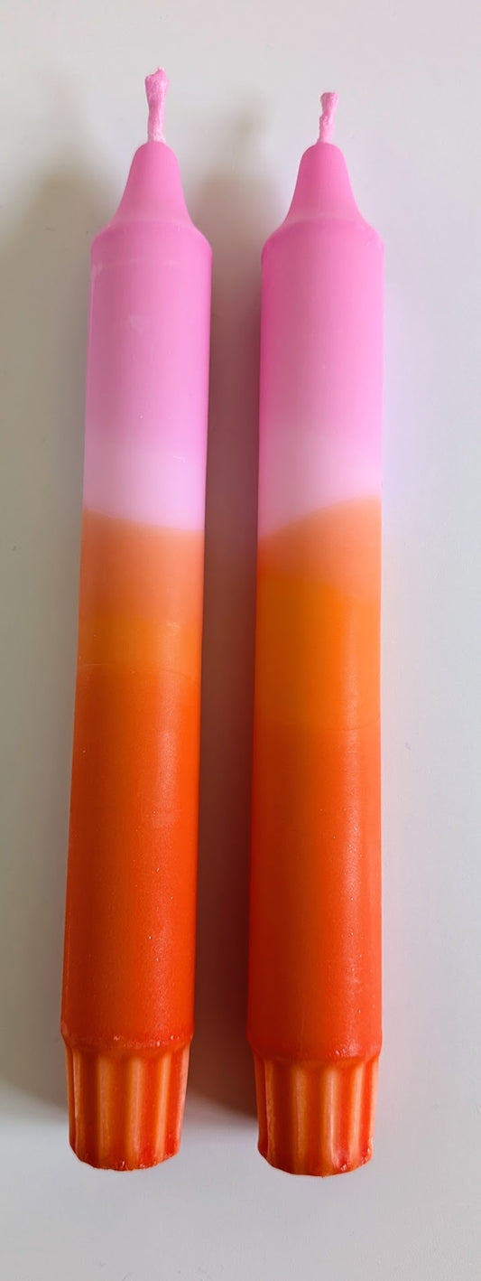 Colourful ‘Sunset’ Hand Dipped Orange & Pink Dinner Candles (two candles)