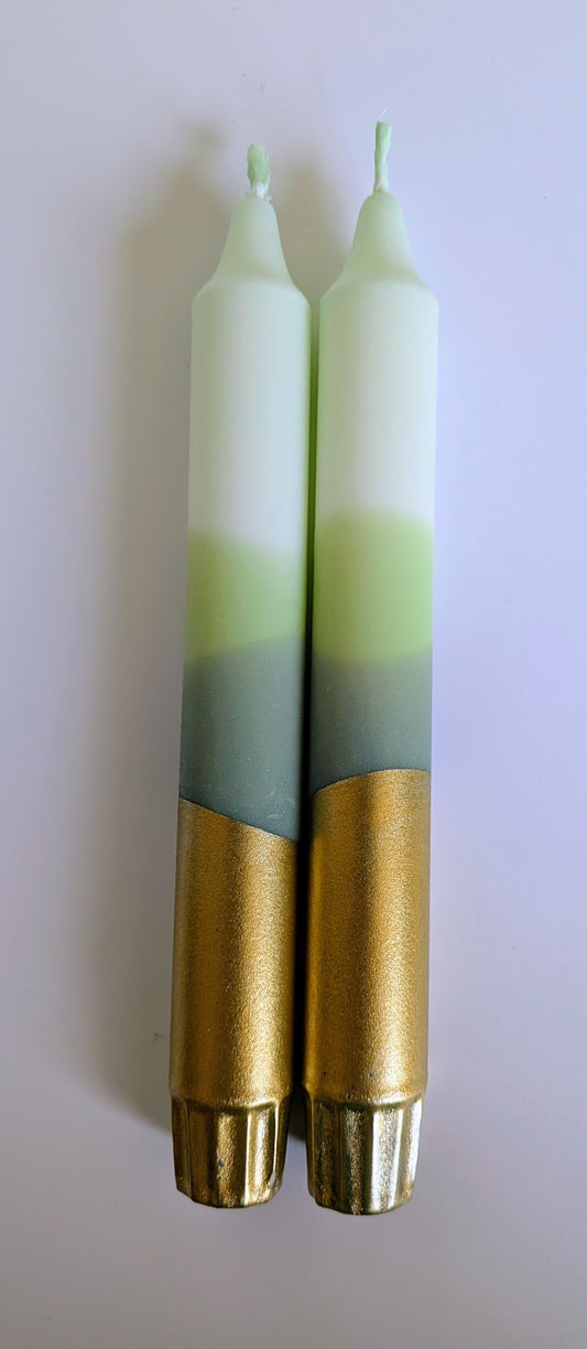 Hand Dipped 'forest Gold' Green & Gold Dinner Candles (two candles)