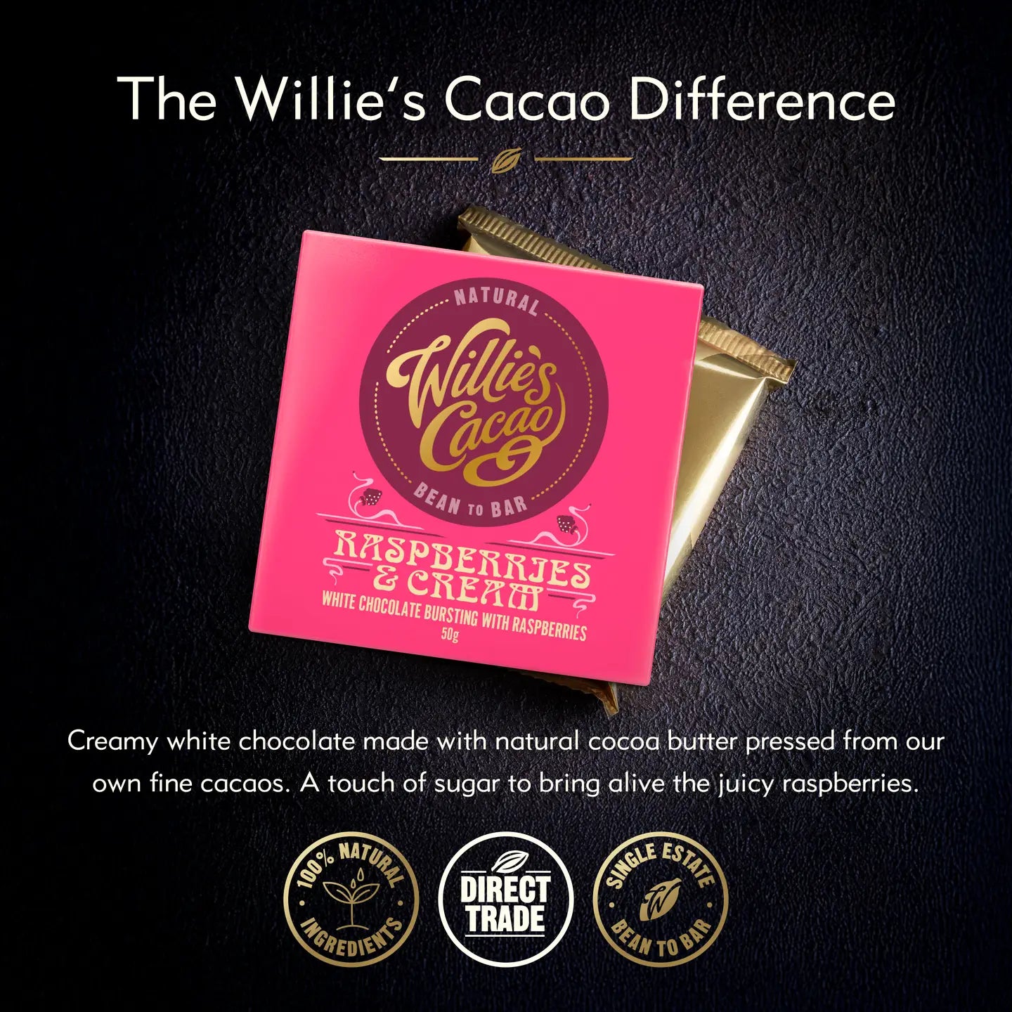 Willie's Cacao Raspberries & Cream White Chocolate Bar  50g