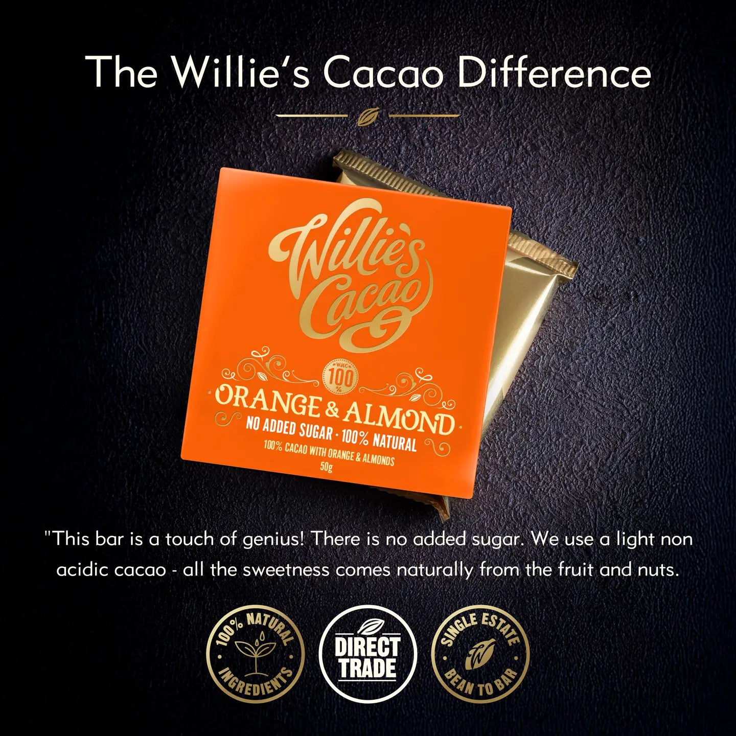 Willie's Cacao Orange and Almond 100% Cacao 50g