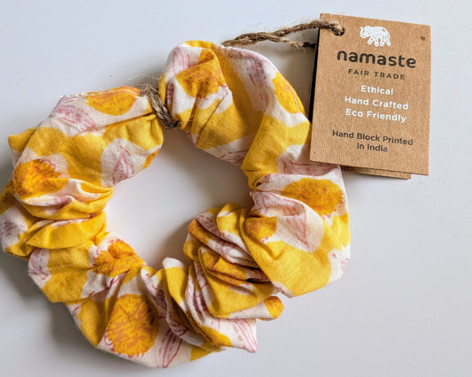Block Print Yellow and White Scrunchie