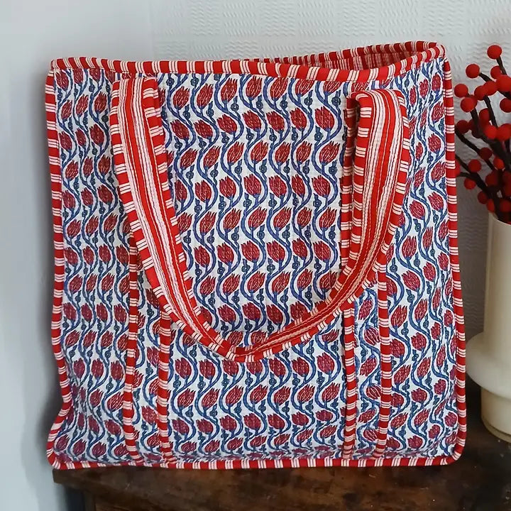 Lotus Flower Print Cotton Kantha Quilted Boho Tote Bag (Reversible)