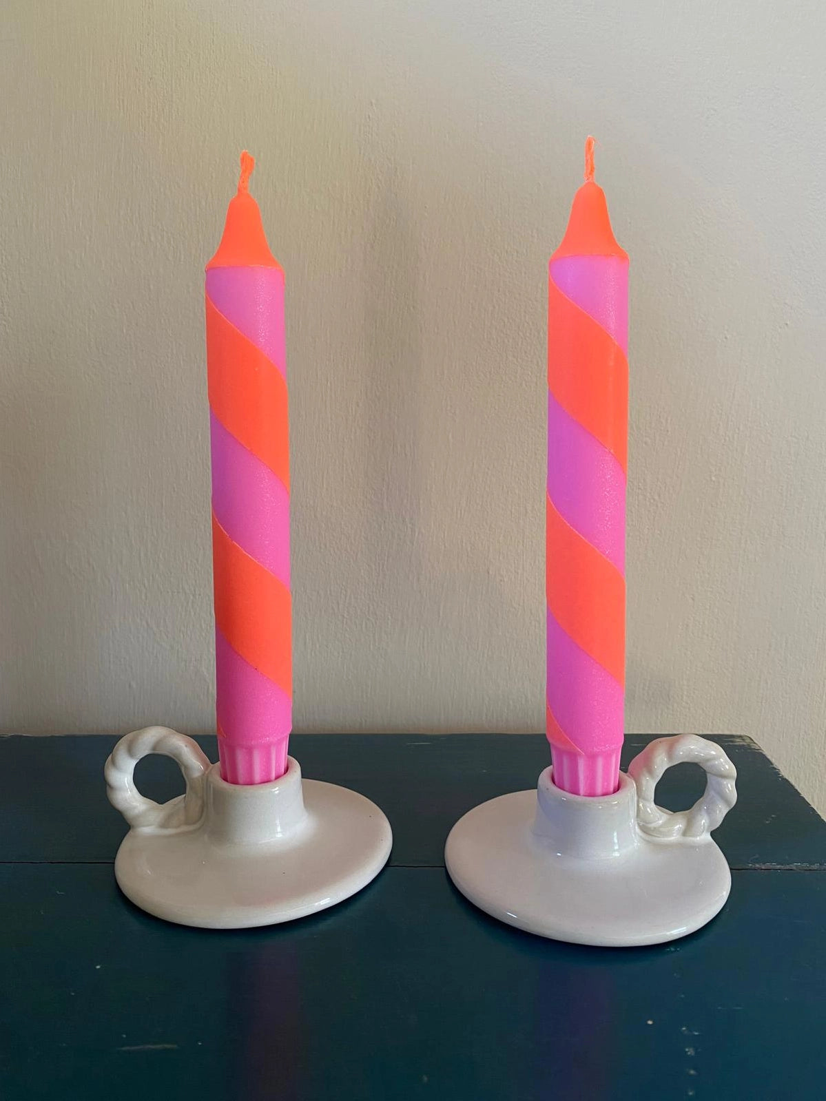Neon Orange & Pink Spiral Twist Hand Dipped Dinner Candle (two candles)