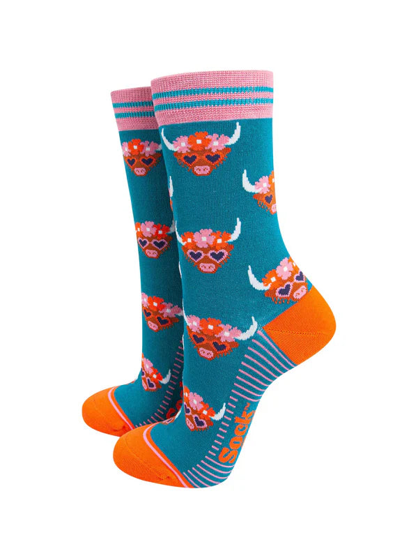 Floral Crown Highland Cow Bamboo Socks in Teal