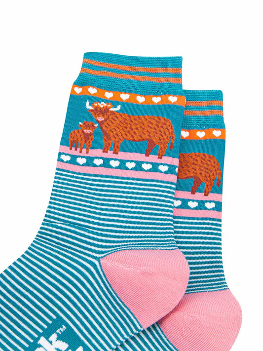 Highland Cow & Calf Striped Bamboo Socks in Teal