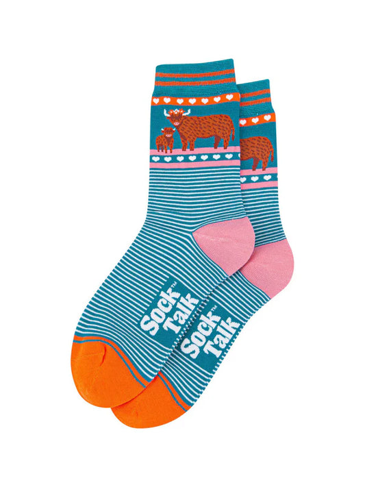 Highland Cow & Calf Striped Bamboo Socks in Teal