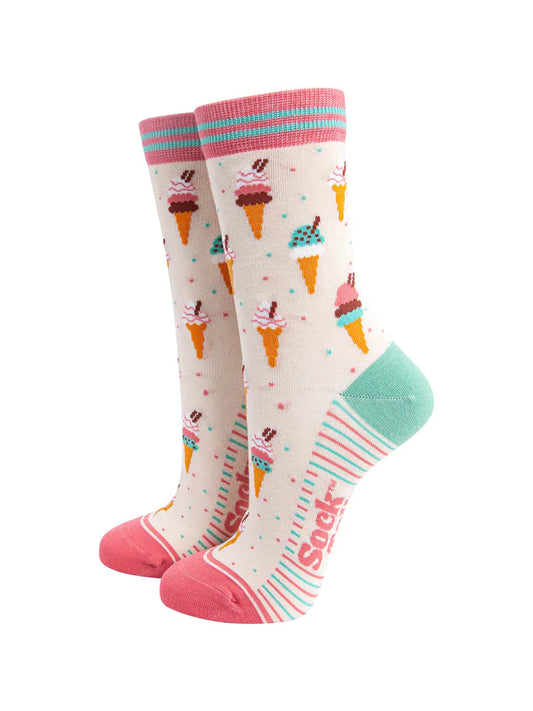 Ice Cream Cone Bamboo Socks in Cream