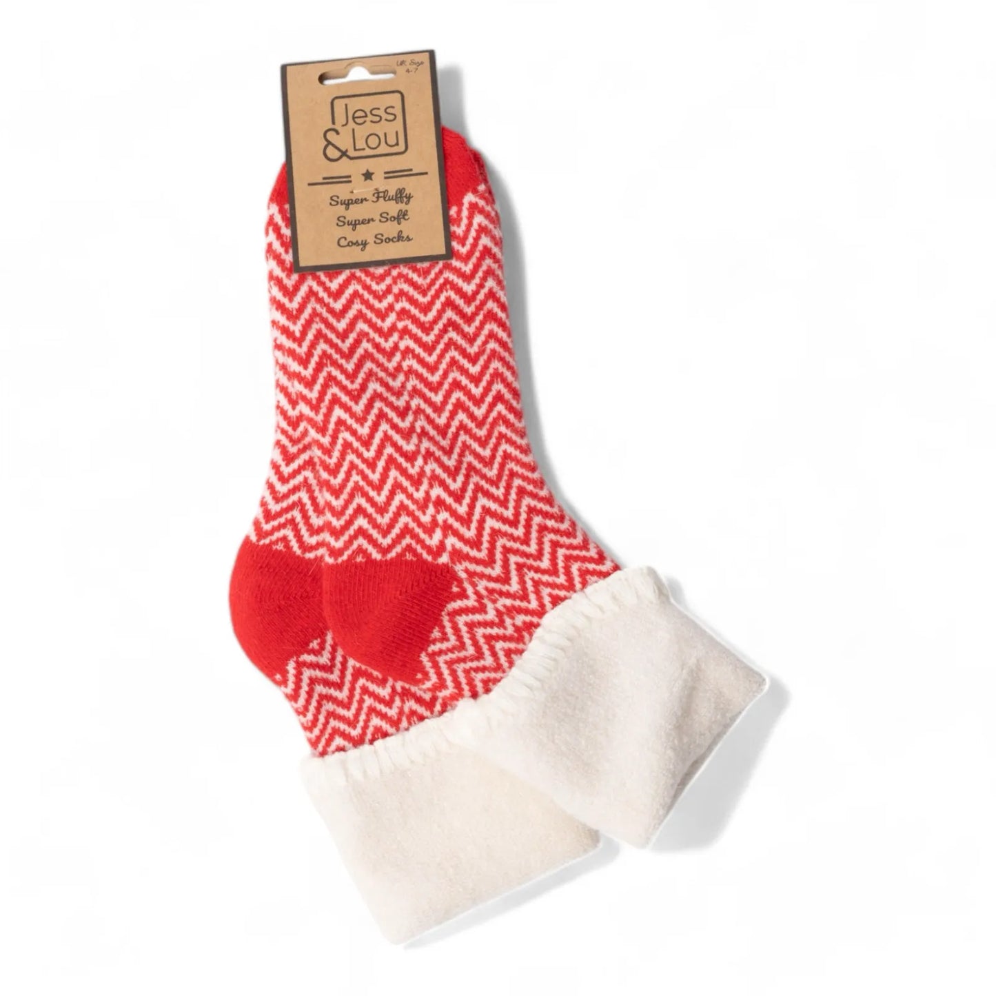 Super Fluffy, Soft and Cosy Red Herringbone Socks Size 4-7