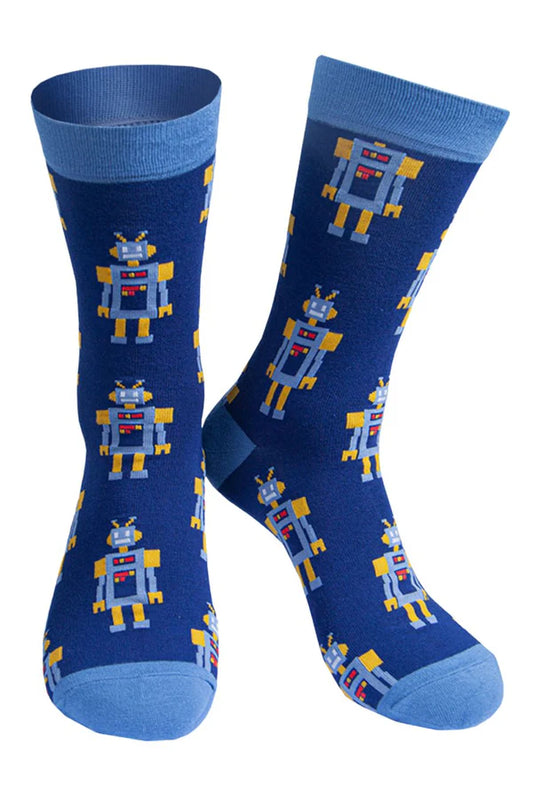 Retro Robot Bamboo Socks in Blue Size 7-11