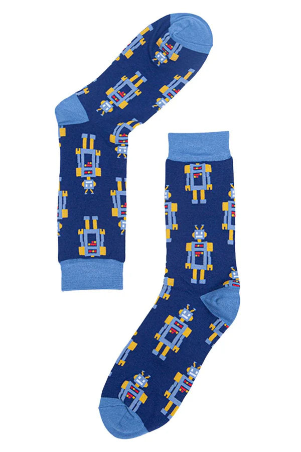 Retro Robot Bamboo Socks in Blue Size 7-11